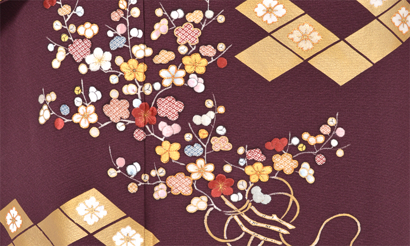 訪問着[茄子紺色地に花菱×陰抱沢瀉紋]