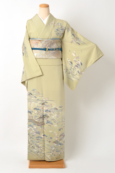 訪問着[淡鶯色・風景文様]