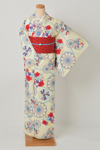 小紋〔白地に青や赤の花々〕