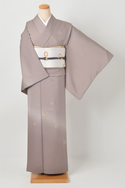 小紋〔ローズグレーの縞模様に小花の刺繍〕