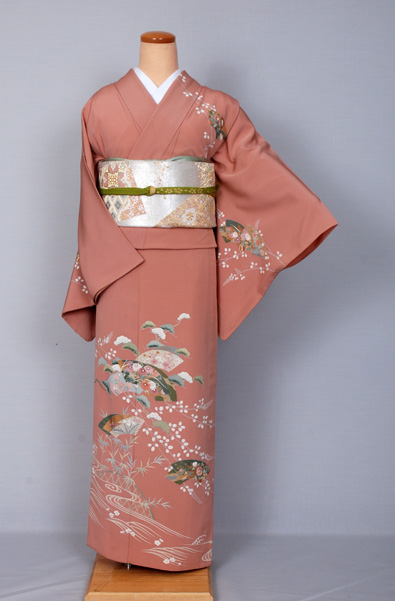 ひとえ_訪問着_ピンク・扇・松竹梅