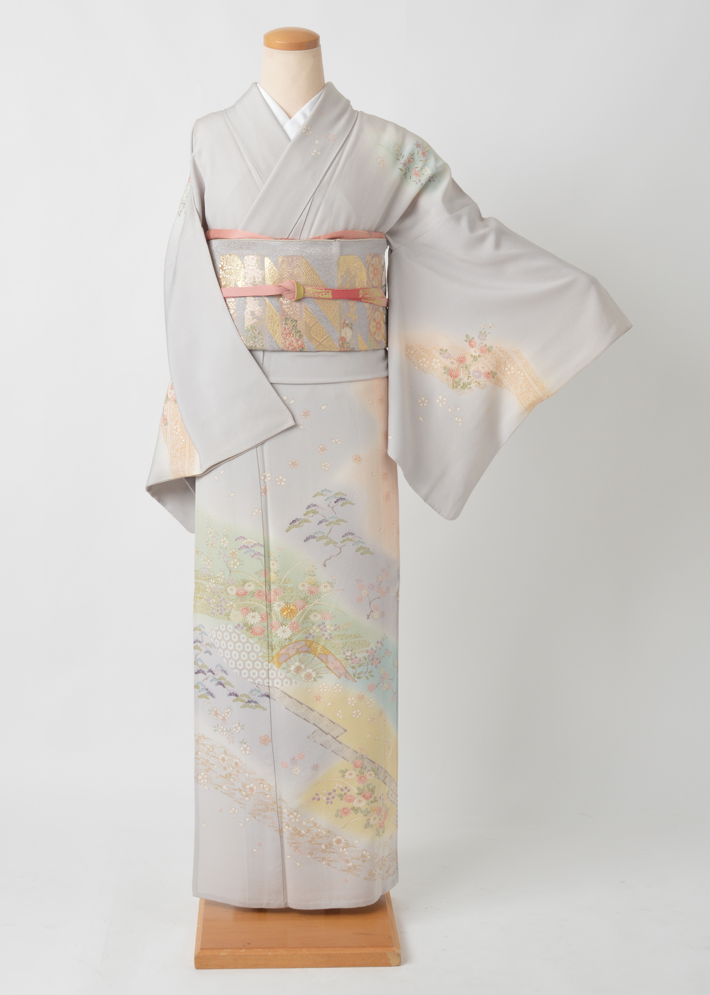 単衣訪問着[グレー地にボカシ染・吉祥紋様]