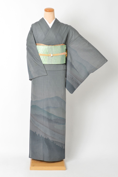 紬[グレー地/山水柄]