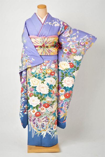 単衣振袖［大正藤色に大輪の花］