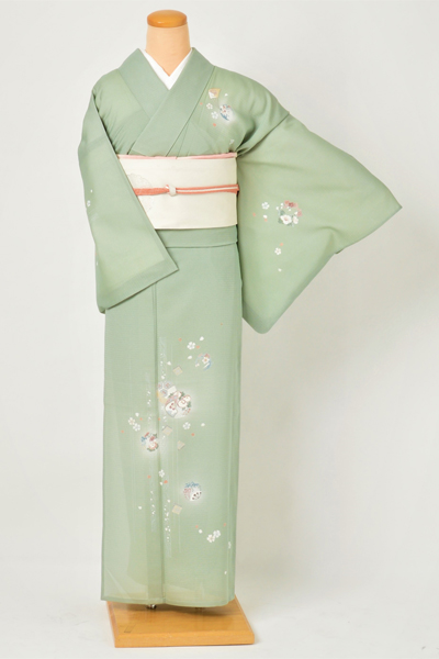 絽訪問着［淡緑色に小花］