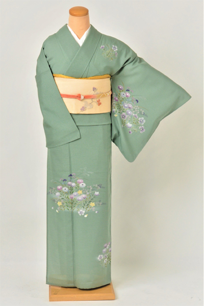 絽訪問着［千草色に小菊］