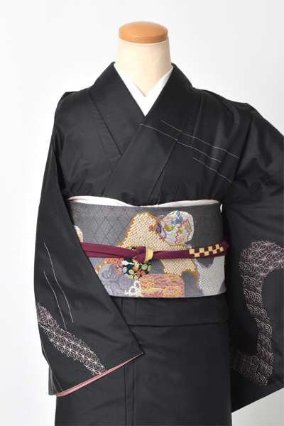 ぜんまい紬［黒色/七宝・青海波刺し子]