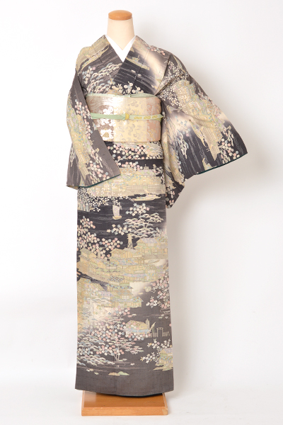 紬訪問着[チャコールグレー/御所解き文様]