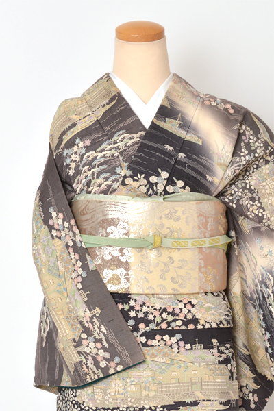 紬訪問着[チャコールグレー/御所解き文様]