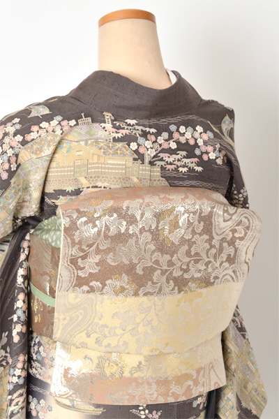 紬訪問着[チャコールグレー/御所解き文様]