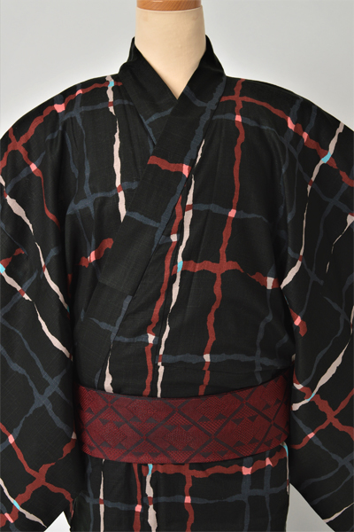 浴衣［172-180cm］黒地に変形格子模様