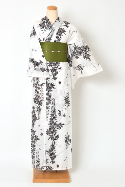 着物風浴衣(白地に藤の花)