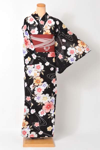 着物風浴衣(綿絽・黒地に桜)