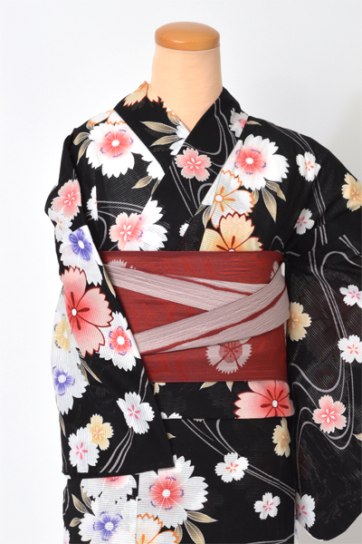 着物風浴衣(綿絽・黒地に桜)