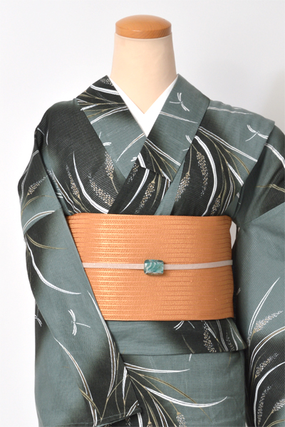 着物風浴衣(深緑にトンボ)