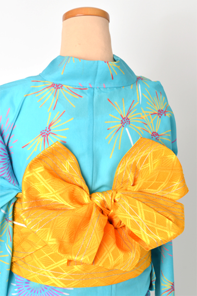 着物風浴衣(水色に花火)