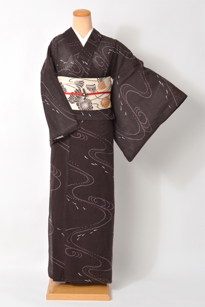 着物風浴衣(茶色・流水)