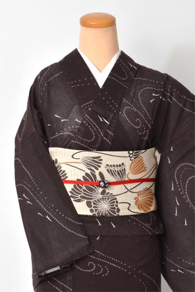 着物風浴衣(茶色・流水)