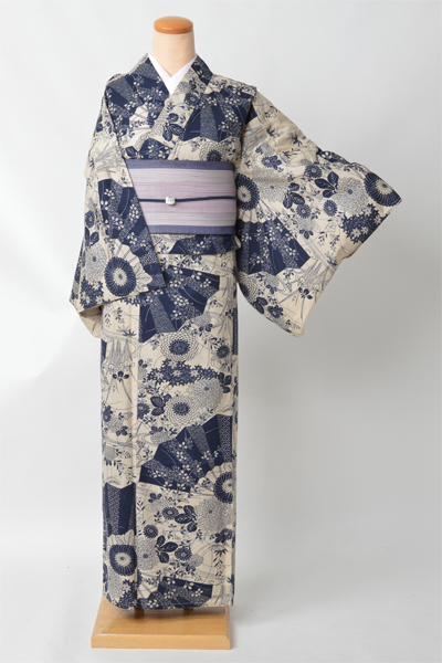 着物風浴衣(藍色×ベージュ)