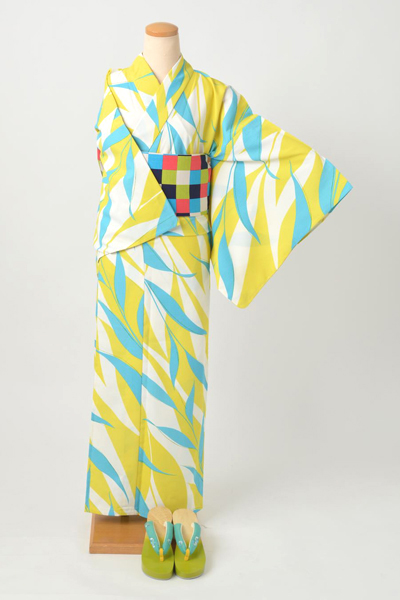 浴衣（グリーン×イエロー葉っぱ）