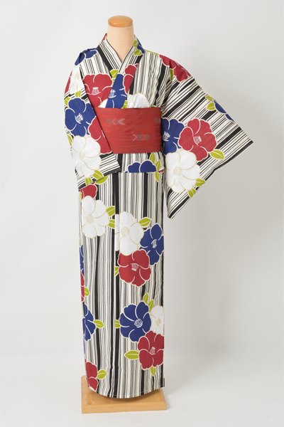 浴衣［縦縞に白・青・赤の花］