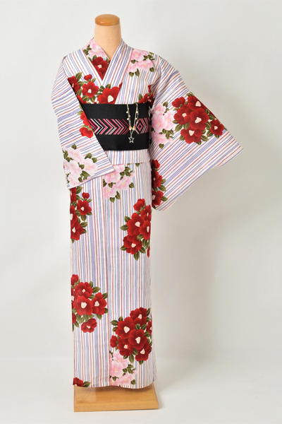 浴衣［縦縞に椿］