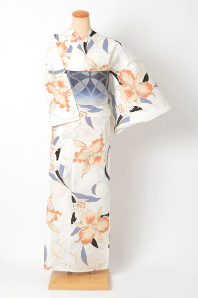浴衣［生成り/オレンジカトレア]