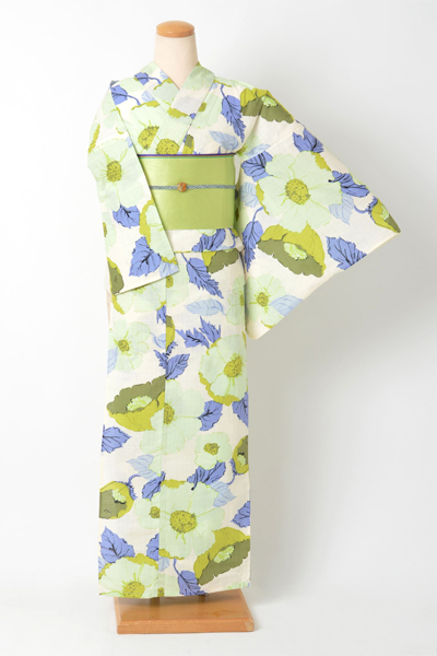 浴衣［生成り/黄緑と青のポピー]