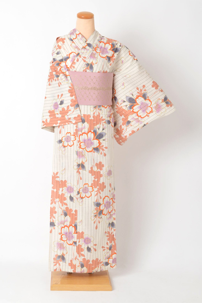浴衣［生成り/サーモンピンク桜]