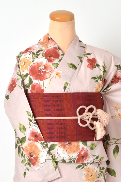 浴衣[撫子色/手描き風花模様]