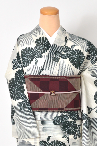 浴衣[生成り/緑菊]