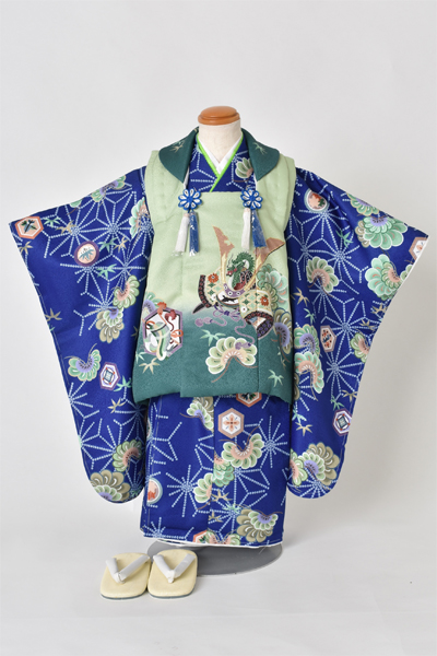 三歳被布セット[被布：緑色・長着：青色]