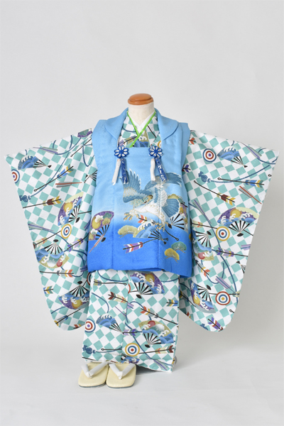 三歳被布セット[被布：水色・長着：市松]