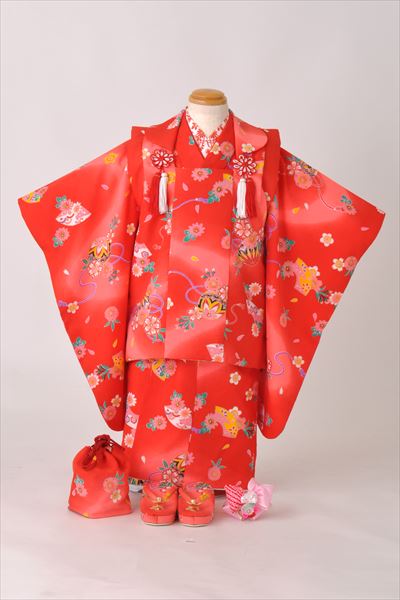 三歳被布セット(赤地・扇面、まり)