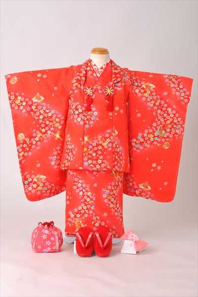 三歳被布セット(赤地・扇面、小花・正絹)