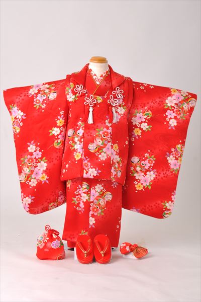 三歳被布セット(赤地・まり、花づくし・正絹)