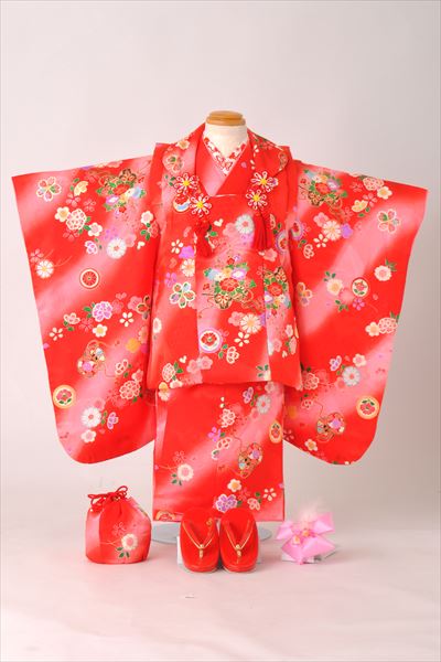 三歳被布セット(赤地・花車、鼓・正絹)