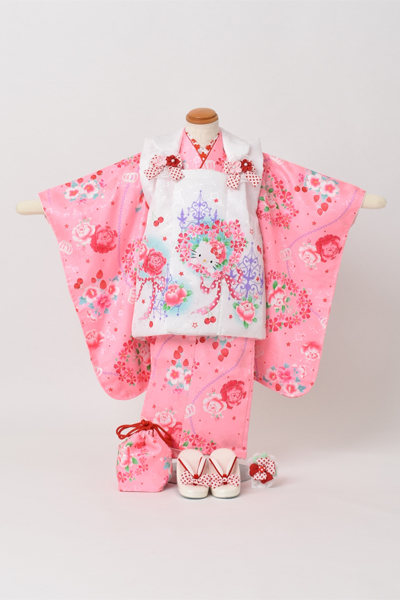 三歳被布セット[被布：白色・長着：桃色]