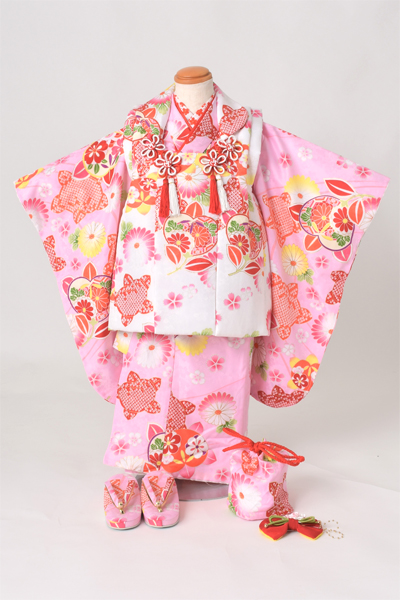 三歳被布セット[被布：白色・長着：桃色]