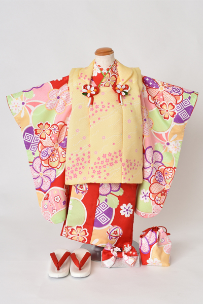 三歳被布セット[被布：黄色・長着：赤色]