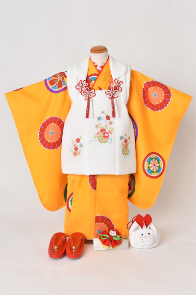 三歳被布セット[被布：白色・長着：山吹色]