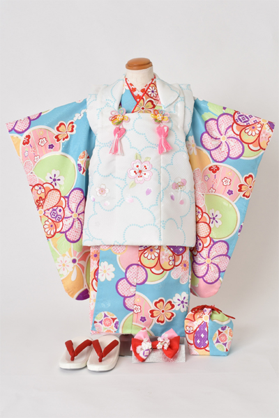 三歳被布セット[被布：白色・長着：水色]