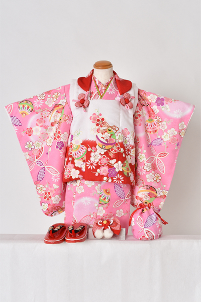 二、三歳被布セット[被布：白赤・長着：桃色]