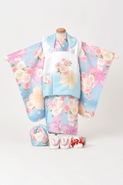三歳被布セット[被布：白×水色　長着：水色]