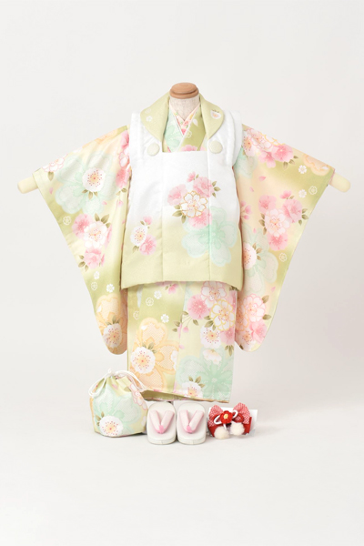 三歳被布セット[被布：白×淡グリーン　長着：淡グリーン]