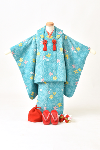 三歳祝着セット[水縹色・麻の葉]