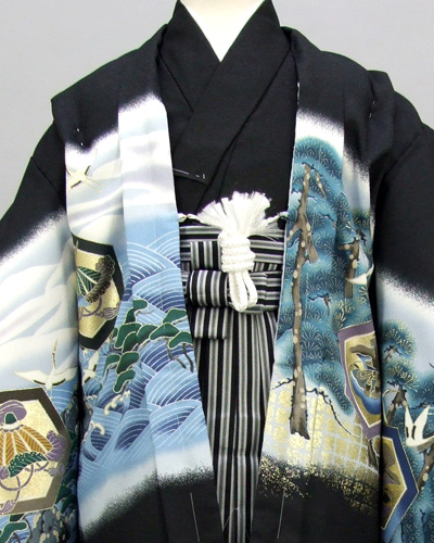 五歳祝着セット(黒地・兜、鶴、松)