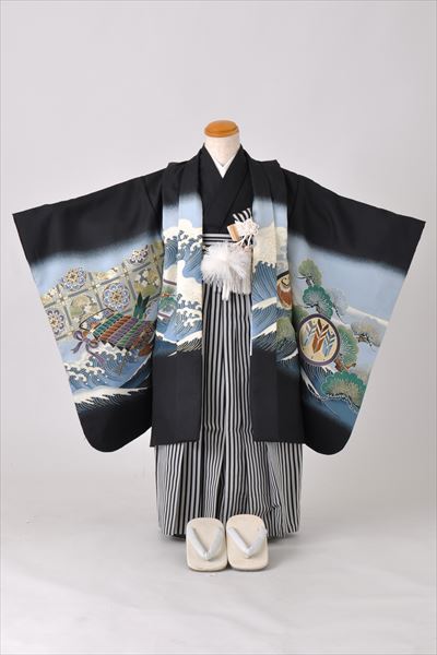 五歳祝着セット(黒地・兜、波濤、富士)
