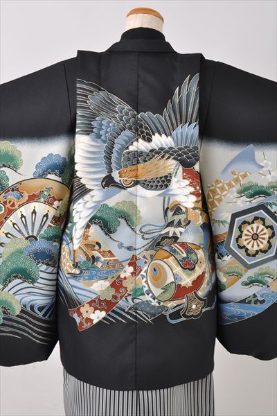 五歳祝着セット(黒地・鷹、松波、源氏車)