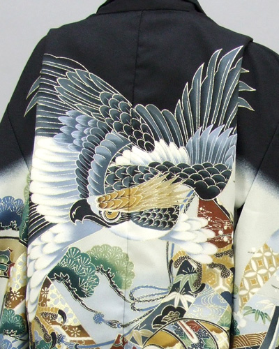 五歳祝着セット(黒地・鷹、松波、源氏車)